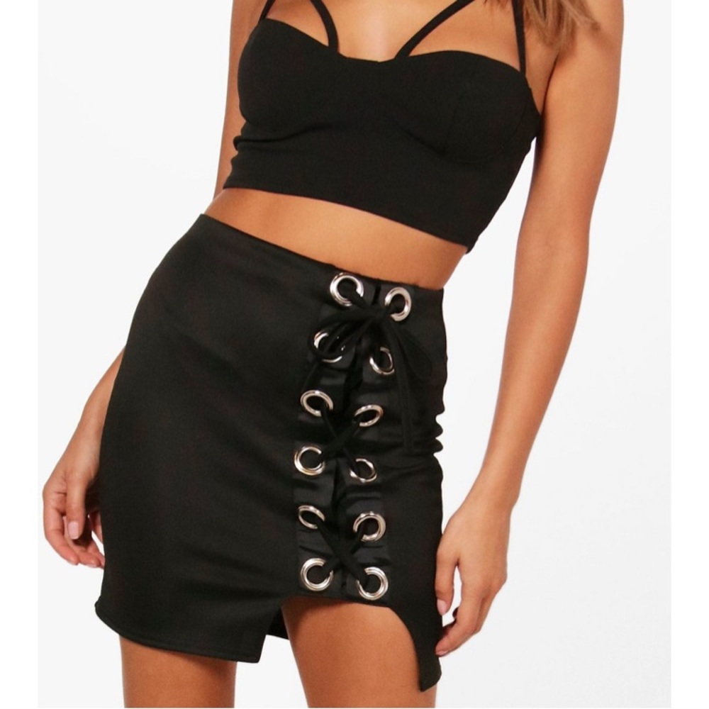 Boohoo Black Lace Up Mini Skirt